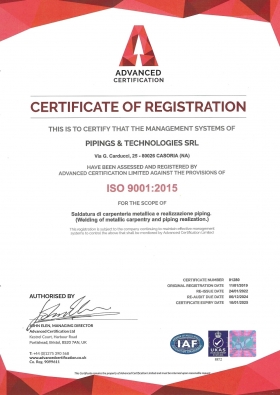 UNI EN ISO 9001:2015 CERTIFICATION - PIPINGS & TECHNOLOGIES SRL